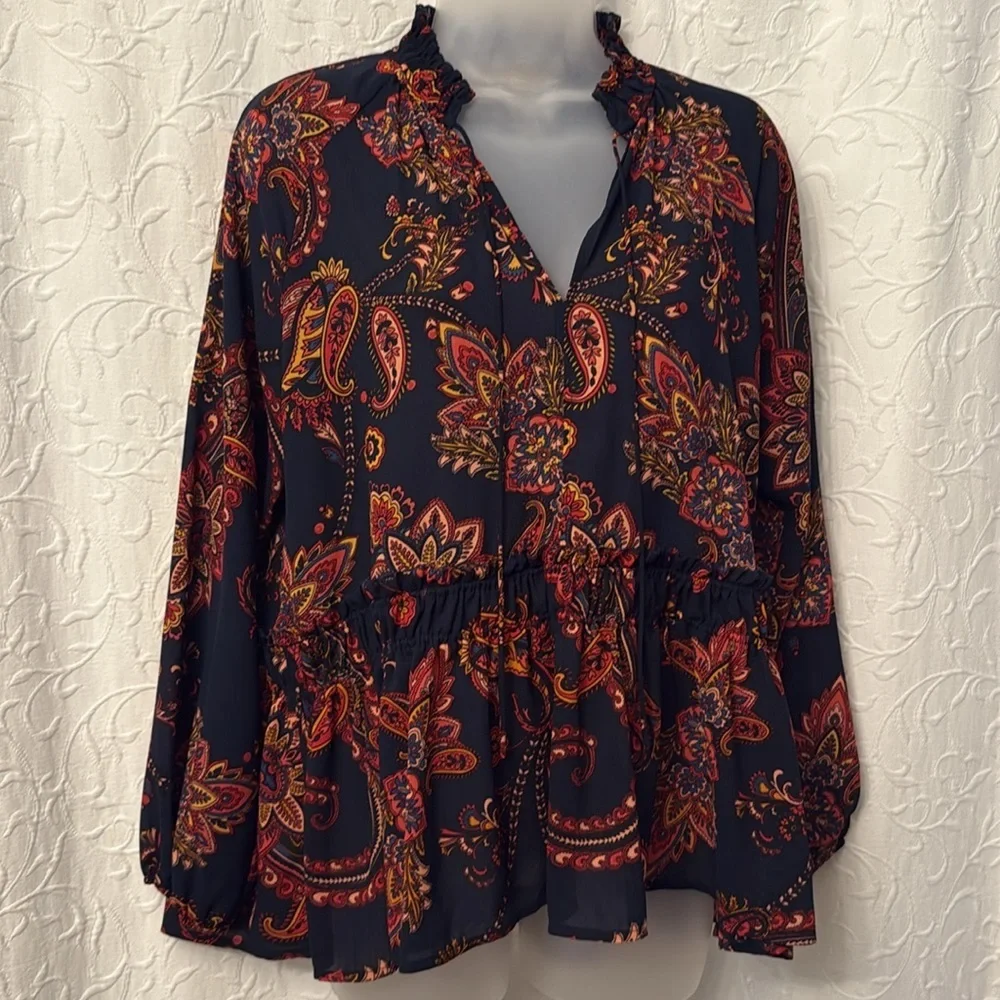 LOFT Floral Paisley Blouse longsleeve size s boho flowy Vneck office work casual - Picture 1 of 5